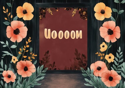 Cozy whimsical floral frame with coral poppy blossoms and green leaves around a dark wood window sign with burgundy center and gold lettering uoooom