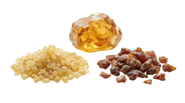 Assorted natural resins and amber stone isolated on transparent background