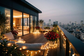 Fototapeta premium Modern rooftop terrace at dusk with city view. Wicker furniture, red roses and warm string lights create cozy ambiance. Luxury urban living.
