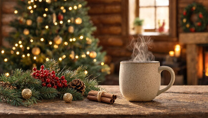 Fototapeta premium Steaming Mug of Coffee on Rustic Wooden Table with Glowing Christmas Tree Background