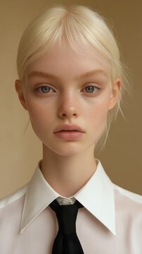 Cropped portrait of person with obscured face, platinum blonde hair, white collared shirt and black tie, neutral and enigmatic mood