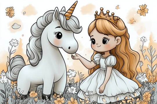 little crowned princess in a white dress gently reaching out to a friendly unicorn in a pastel flower meadow, whimsical tender joyful scene