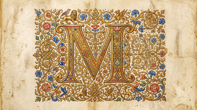 Vintage illuminated letter M with ornate floral medieval decoration.