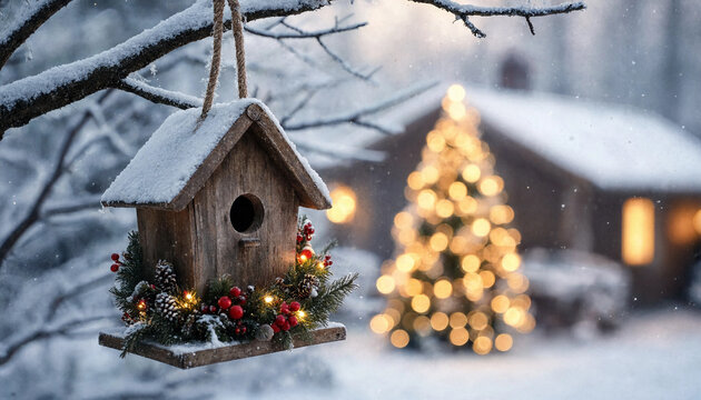 Rustic Wooden Christmas Birdhouse Hanging in Snow with Festive Bokeh Background