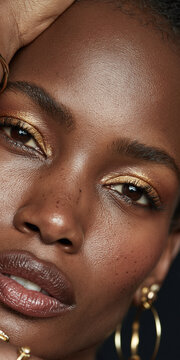 Portrait of Woman with Gold Eyeshadow and Freckles