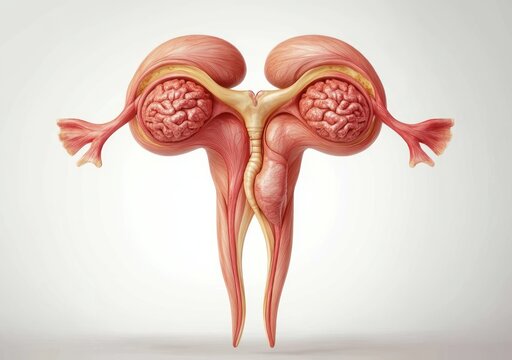 surreal anatomical illustration of the female reproductive system showing uterus, elongated cervix and vagina, fallopian tubes and ovaries shaped like brains, eerie and thought-provoking