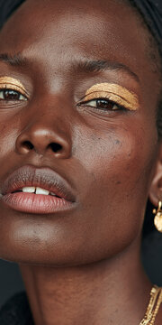 Close-Up Portrait of Woman with Gold Eyeshadow