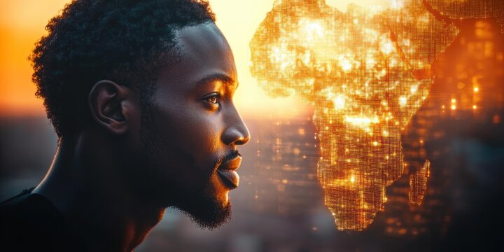 Contemplative side profile of a young man at sunset facing a glowing digital map of Africa, evoking futuristic connection and reflective mood