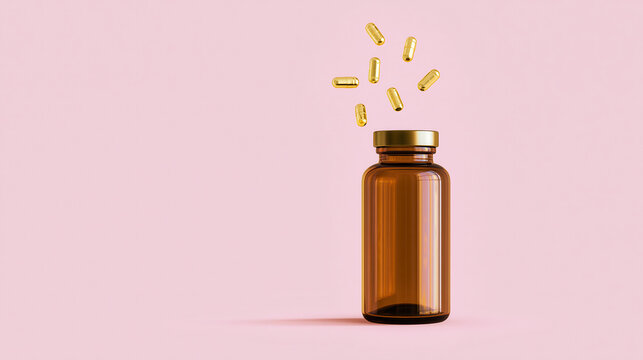 golden supplement capsules burst from amber glass medicine bottle on soft pink backdrop for wellness advertising web design and editorial health branding layouts worldwide
