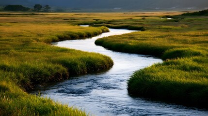 Naklejka premium A serene winding stream flows gently through golden grasslands under soft morning light creating a peaceful natural landscape