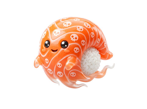 Cute 3D Salmon Sushi Ghost Character with Smiling Skull Pattern on Fish Texture