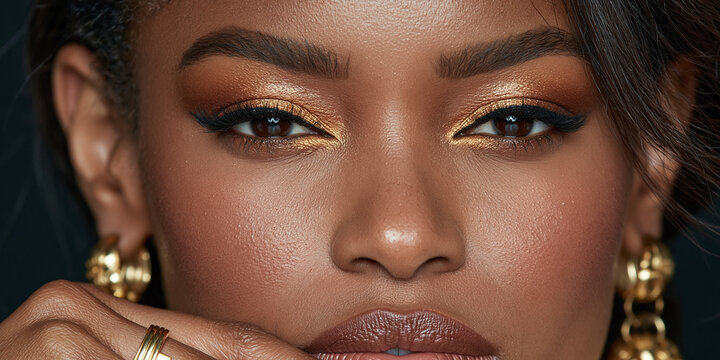 Portrait of a Woman with Golden Eyeshadow and Eyeliner