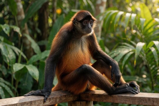 Spider monkey sits on wooden rail in green jungle. Primate with orange fur and black limbs rests in rich foliage. Animal observes surroundings in tropical rainforest habitat.