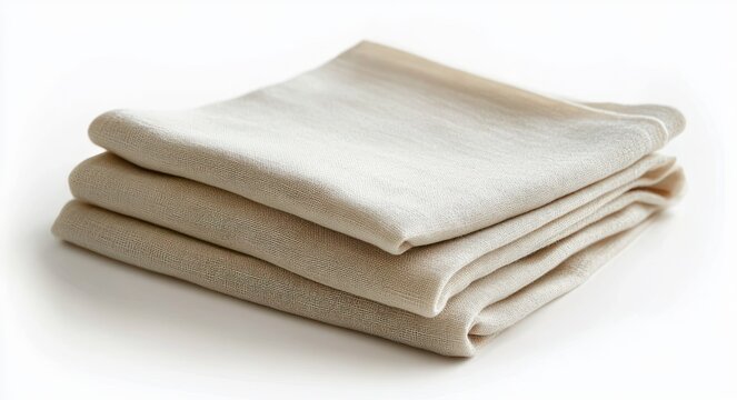 Stack of three folded beige linen cloths on a white surface conveying a calm, cozy, minimal home textile feeling
