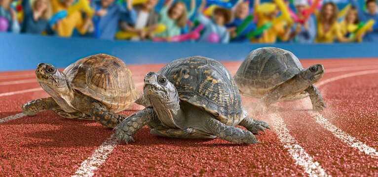 Three turtles racing on a colorful track with an enthusiastic audience, depicting determination and lighthearted competition.
