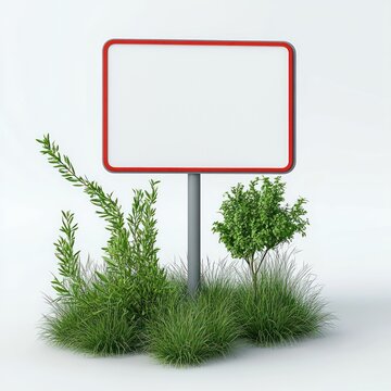 blank red-framed rectangular sign on a metal pole surrounded by green grass clumps, shrubs and a small tree, conveying calm minimalist fresh mood