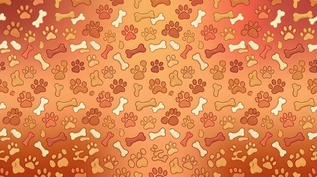seamless pattern with dog paws and bones in orange and brown tones for pets background design