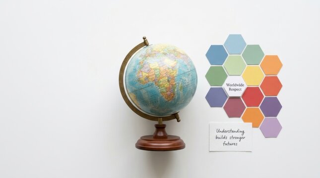 Vintage world globe standing beside colorful hexagons and notes promoting worldwide respect and understanding building stronger futures for global education, cultural diversity, and social unity