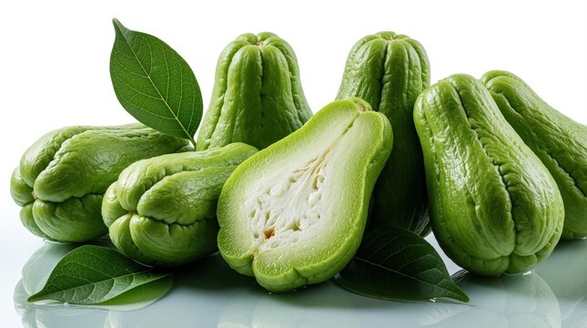Several green chayote vegetables and leaves sit on a reflective surface. One chayote is cut in half showing its inner texture. Fresh raw chayote fruit on white background.