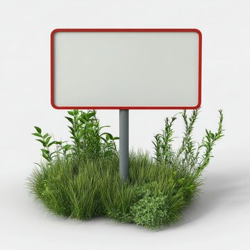 blank rectangular sign with red border on gray metal post surrounded by lush green grass and wild plants, calm minimalist isolated scene on white background