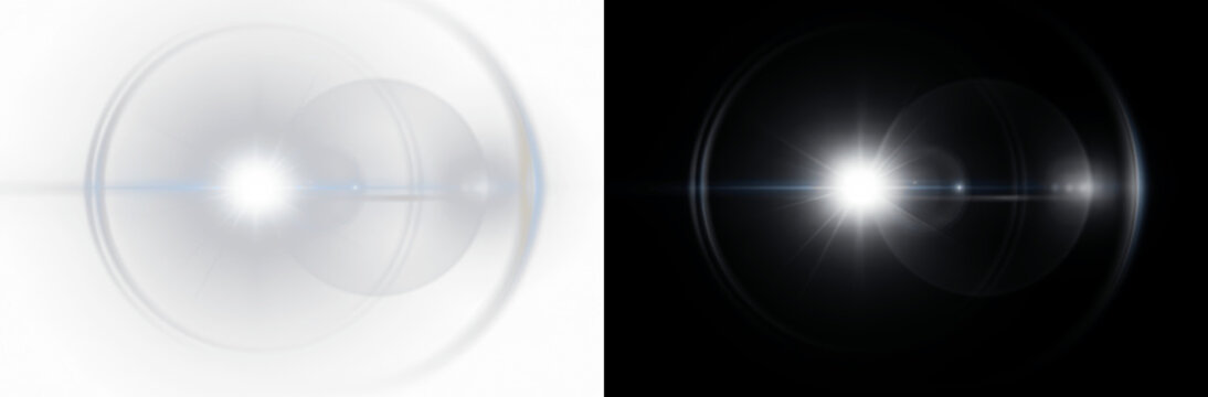 Bright white lens flare and glowing light effect isolated on black background, circular optical glow overlay with soft rays for photography editing, digital compositing, and cinematic graphic design