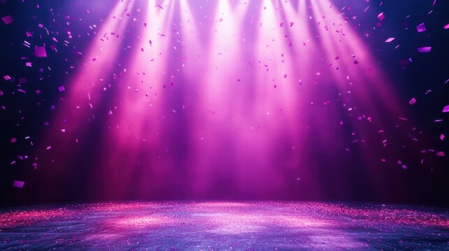Empty sparkling stage lit by pink and purple spotlights with falling confetti and a glittering floor, creating a festive and magical atmosphere