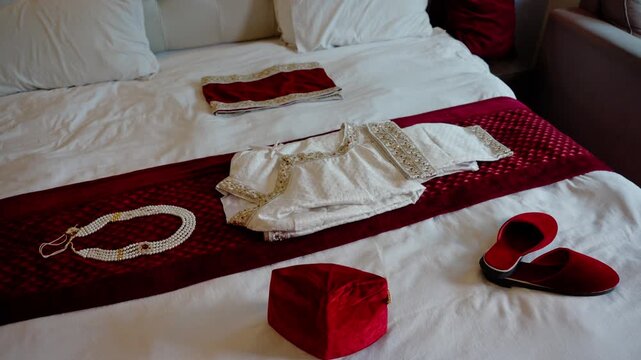Alternate angle flat lay of groom wedding ensemble with embroidered kurta red topi pearl necklace and velvet slippers on white bed