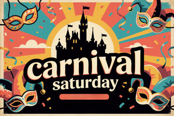 Fototapeta premium Retro style poster advertises carnival saturday festivities. Features masquerade masks jester hats and castle silhouette. Colorful confetti streamers and sunburst background creates joyful atmosphere.