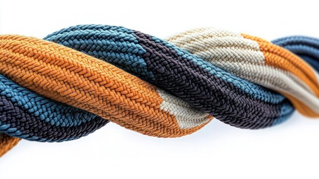 Close-up of colorful braided cords twisted together, textured rope strands in teal, orange, navy and cream conveying tactile warmth and dynamic movement