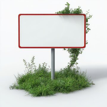 Blank rectangular sign with red trim on a metal post surrounded by lush grass and climbing vines against a clean white background, evoking a calm, minimal and fresh mood