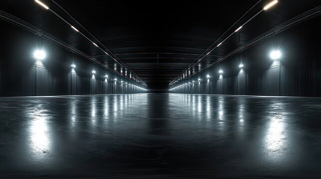 Empty vast industrial hangar interior with reflective wet floor, symmetrical wall lights, arched dark ceiling and distant vanishing point, cold futuristic eerie atmosphere