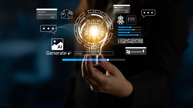 Futuristic Concept of Artificial Intelligence and Technology with Person Holding Light Bulb Symbolizing Innovation and Ideas in Digital World Ledger.
