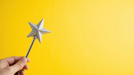 Fototapeta premium Human hand holds silver star wand against bright yellow background. Shiny metallic magic stick sparkles with glitter. Concept of fantasy, creativity, magic for kids celebration, dream, imagination.