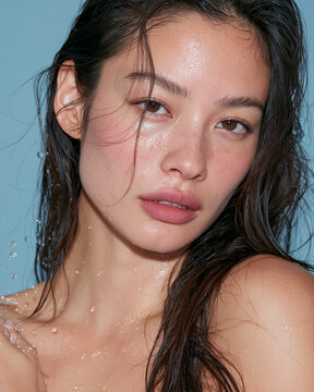 Portrait of Woman with Wet Hair and Skin on Blue Background