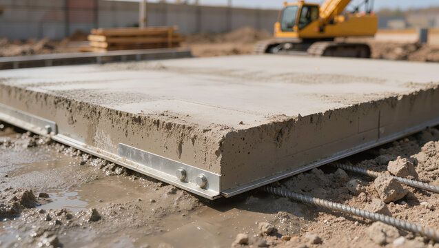 A large concrete slab on a construction site with heavy machinery in the background, highlighting foundation work, building construction, and civil engineering