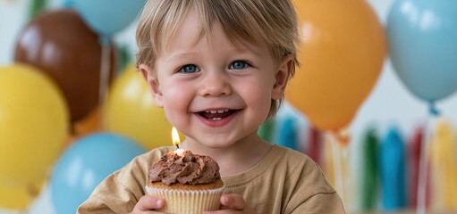 Fototapeta premium At a lively party, a happy toddler enjoys a frosted cupcake with a lit candle surrounded by colorful balloons and decorations.