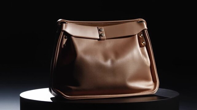 Elegant light brown women's leather handbag with flap closure on a dark studio background. Stylish fashion accessory for everyday.