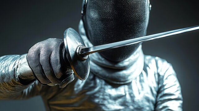 Close-up of masked fencer in metallic protective jacket pointing a fencing sword toward the viewer, focused and determined with intense ready-to-attack stance