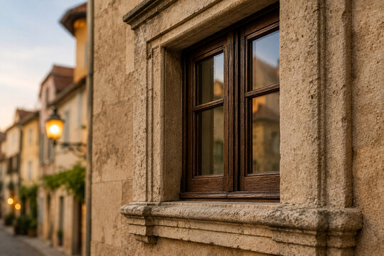 Historisches Holzfenster mit Natursteinrahmen in Altstadtarchitektur