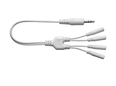 White audio cable splitter adapter 3.5mm jack connector isolated on background for music sharing multiple headphone port sound equipment device electronic accessory connection technology hardware