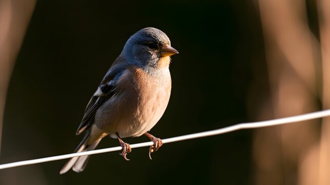 A small bird perched on a wire against a dark background with soft warm lighting highlighting its feathers