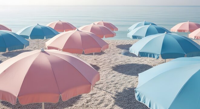 A serene beach scene filled with vibrant pink and blue umbrellas under a soft sky.