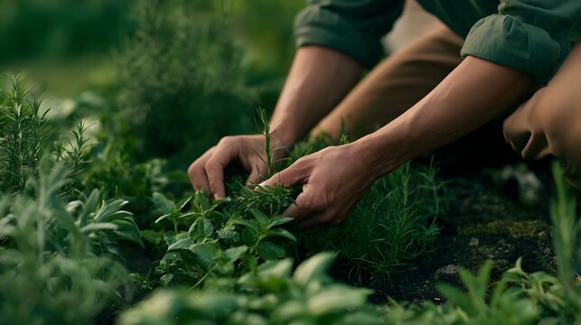 A person carefully harvesting fresh green herbs from a lush garden bed using both hands for precise picking