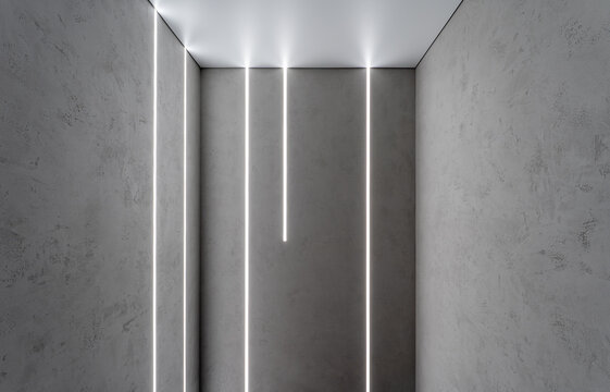 Textured plaster corner interior with linear light beams descending from ceiling, contemporary architecture detail photo