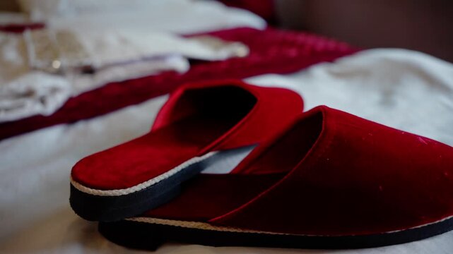 Extreme close up of textured red velvet wedding slippers with visible stitching and blurred golden fabric accents in background