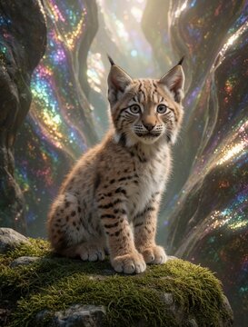 Metallic eurasian lynx kitten sits on mossy rock in cosmic canyon. Fantasy wildcat with silver fur looks forward. Shimmering rainbow colors glow on canyon walls. Digital art shows mystical predator