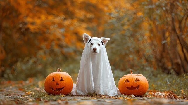 Adorable white dog wearing a simple ghost sheet costume sits between two carved orange pumpkins during a bright autumn day