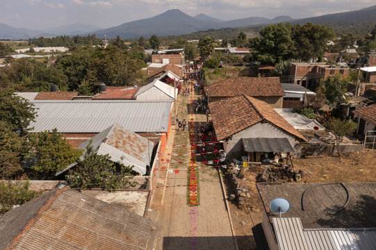 Aerial view of the Patamban floral rug on a cobblestone street, surrounded by traditional houses with terracotta roofs and lush trees in Patamban, Michoacan, Mexico.