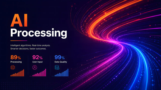 Artificial intelligence processing banner displays glowing light stream with data performance percentage metrics. Machine learning analytics vector concept. Ideal for tech business header slides.