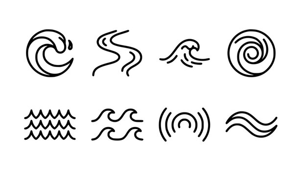 Water wave line icon set with curling sea river ocean and swirling liquid elements vector